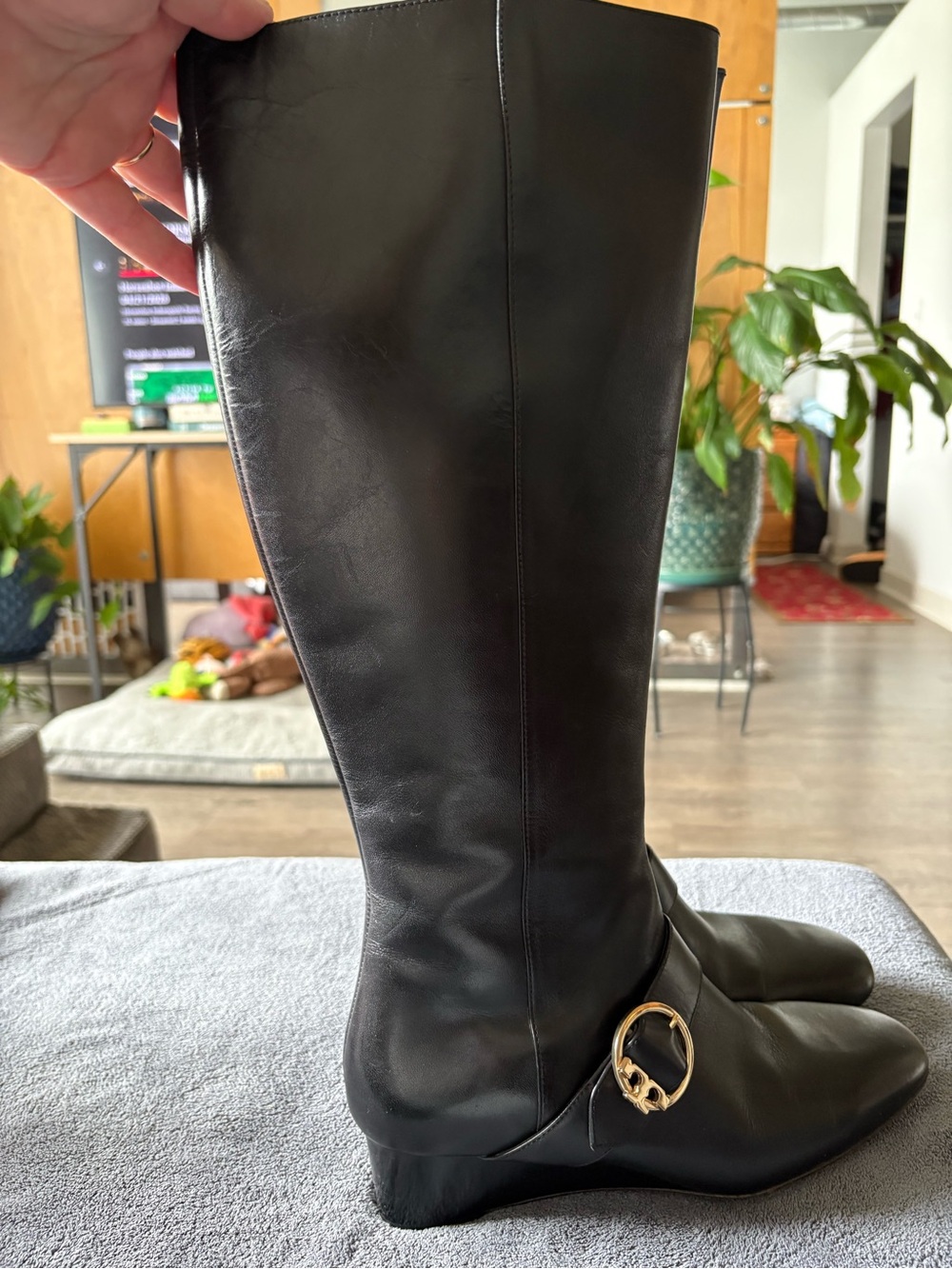 Tory Burch Sophia Black Leather Knee-High Women's Boot with Gold Buckle